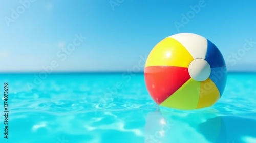 Colorful beach ball floating on clear turquoise water under bright blue sky.