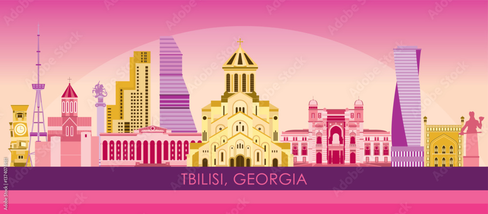 Sunset Skyline panorama of city of Tbilisi, Georgia - vector illustration