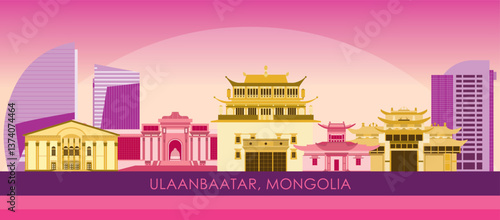 Sunset Skyline panorama of city of Ulaanbaatar, Mongolia - vector illustration