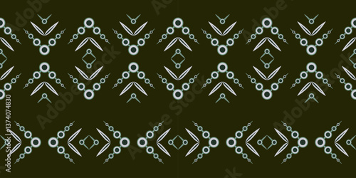 Dark abstract ethnic seamless border. Black circle and broken lines. Geometric linear elements. Complex square monochrome shapes on dark green background. Clear strict ornament