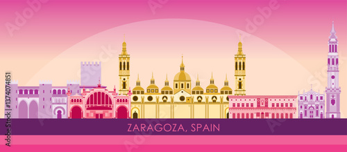 Sunset Skyline panorama of Zaragoza, Aragon, Spain - vector illustration