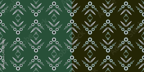 Dark abstract ethnic seamless pattern. Black circle and curved lines. Geometric linear elements. Complex square monochrome shapes on dark green background. Clear strict ornament