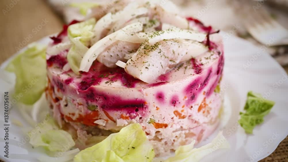 Festive layered salad with herring, beetroot and mayonnaise Festive layered salad with herring, beetroot and mayonnaise