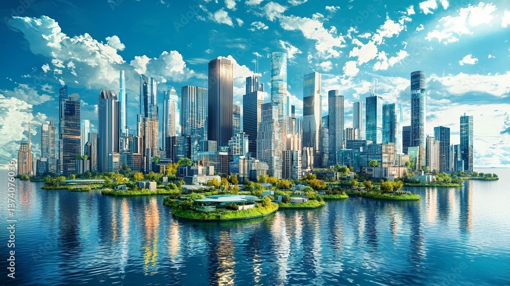 Fototapeta premium A huge, suspended space colony with interconnected habitats and picturesque green environments