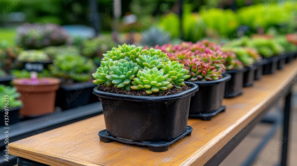 Succulents in black pots on wooden surface, various green and red hues, shallow depth of field, outdoors setting. Succulents in black pots on wooden surface, various green and red hues, shallow depth of field, outdoors setting.