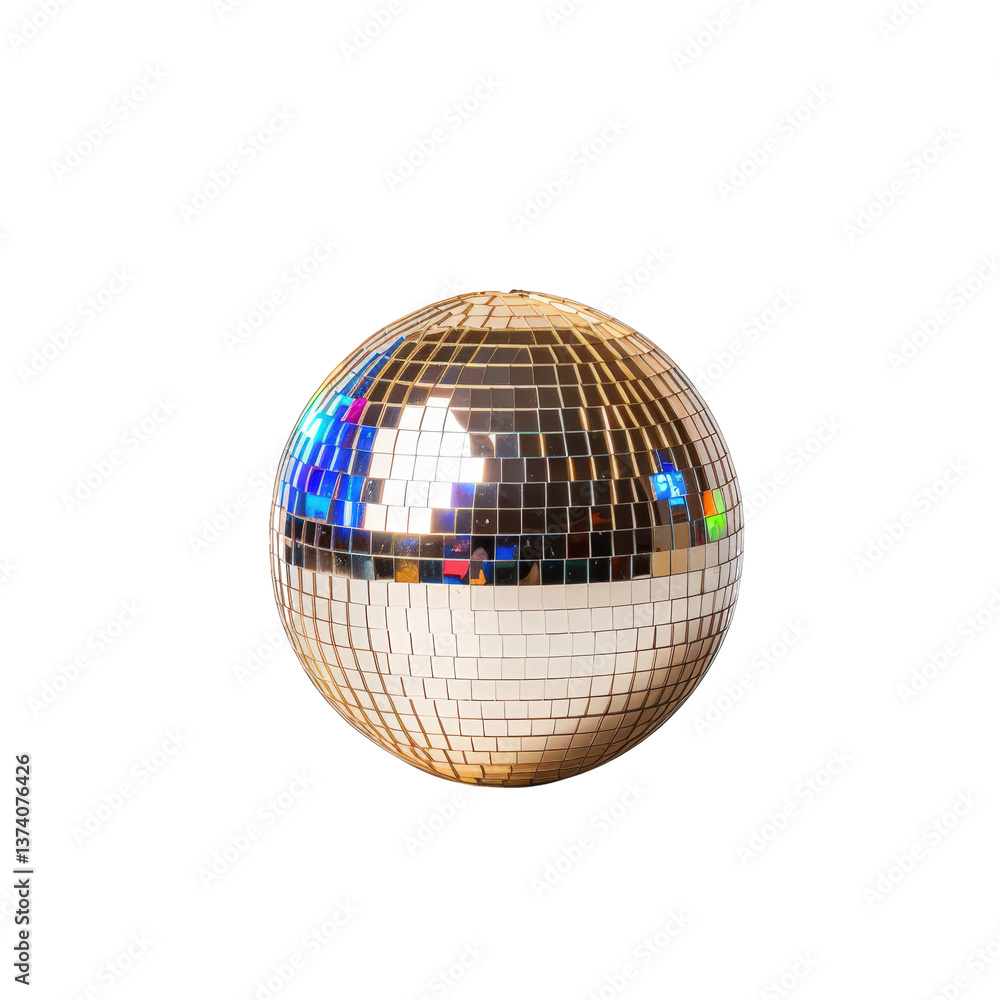 Fototapeta premium Shimmering Gold Disco Ball Reflecting Colorful Lights on a Dark Background