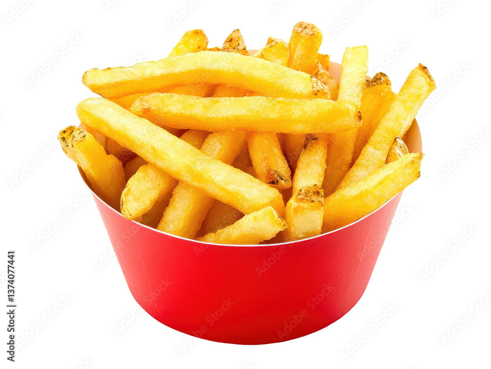Isolated Portion of French Fries in Red Paper Container Isolated Portion of French Fries in Red Paper Container