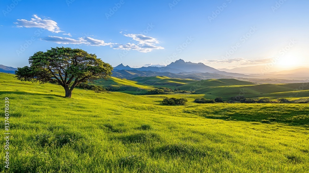 Fototapeta premium Serene landscape photograph depicting a lone tree in a vibrant green field, with mountains and a setting sun in the background. The image evokes a feeling of peace and tranquility.