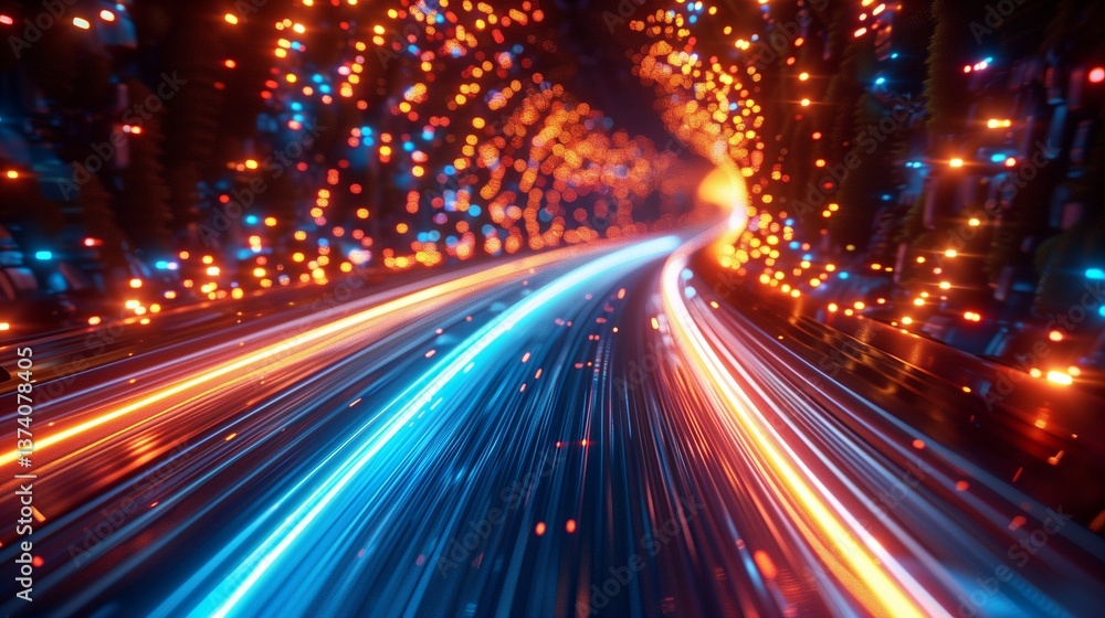 A vibrant neon-lit highway at night, featuring dynamic light trails that evoke a sense of speed, motion, and futuristic urban aesthetics A vibrant neon-lit highway at night, featuring dynamic light trails that evoke a sense of speed, motion, and futuristic urban aesthetics