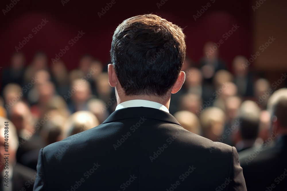 A determined face of a visionary leader is in the spotlight, inspiring a large audience in a professional setting A determined face of a visionary leader is in the spotlight, inspiring a large audience in a professional setting
