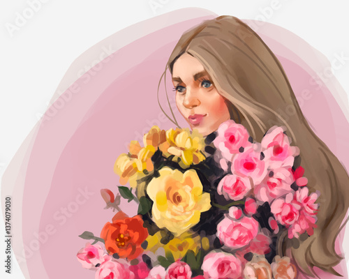 Vector hand drawn colored illustration of a beautiful girl with big bouquet, stunning flowers. Spring stylish look. Trendy style female character. Creative cartoon art for trendy design. Not Ai Eps 10
