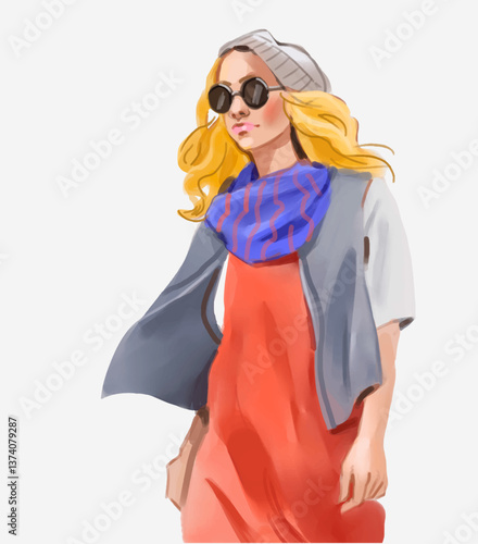 Vector hand drawn fashion illustration of a beautiful blonde girl in glasses, hat, blue scarf, red t-shirt Stylish look Trendy style female character Creative cartoon art for fashionable design Eps 10