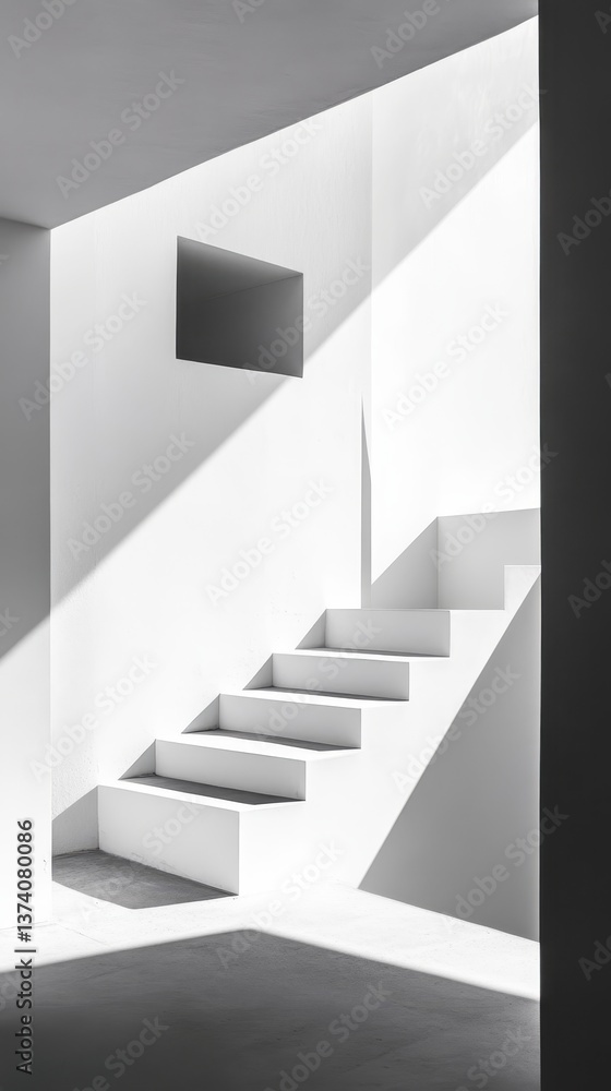 Fototapeta premium Stairway to Light: A minimalist architectural image features a modern staircase bathed in dramatic light and shadow, with clean lines and geometric precision creating a sense of order and ascent.