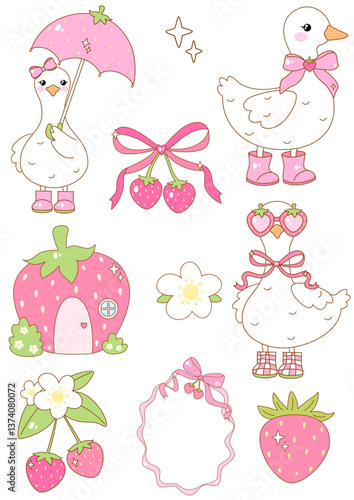 Strawberry summer goose clipart Silly goose clipart Groovy pastel summer Spring goose Coquette strawberry flower Summer gift 