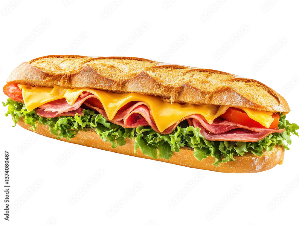 Isolated Long Sandwich with Ham, Cheese and Vegetables Isolated Long Sandwich with Ham, Cheese and Vegetables