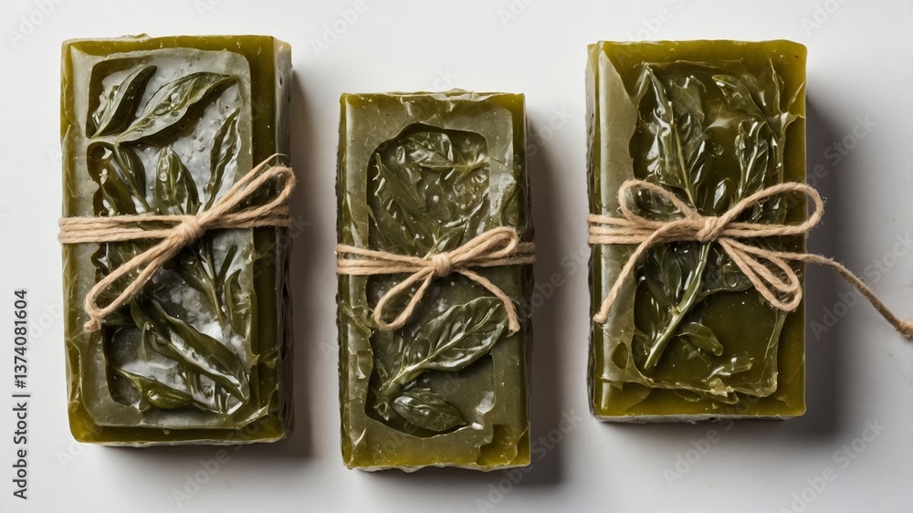 Fototapeta premium Natural herbal soap bars with leaf patterns wrapped in twine displayed on a clean surface during daylight hours