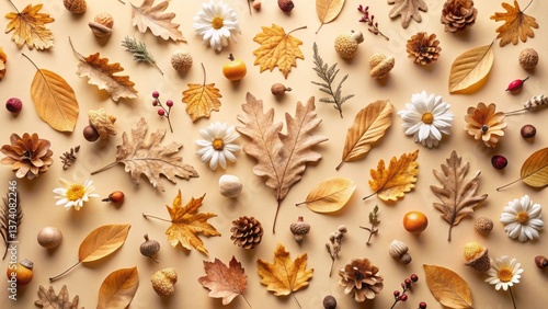 Autumnal arrangement of dried flowers, leaves, and natural elements on a beige background #1374082246