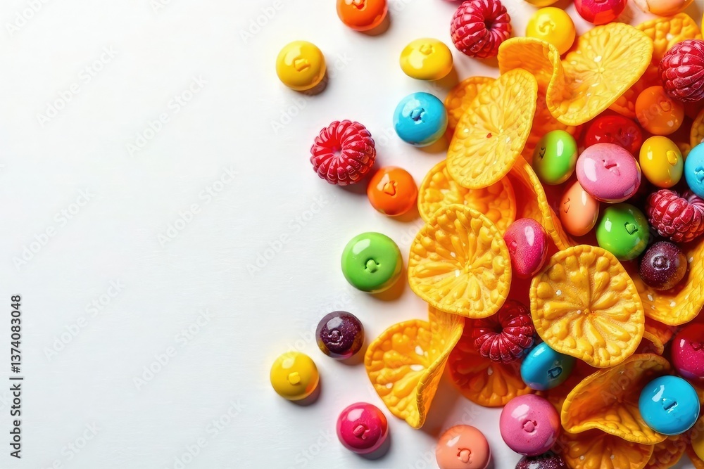 Fototapeta premium Pile of colorful candy, chips, and soda on white background, artificial colors, overhead shot