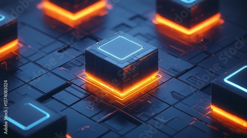 Futuristic abstract technology is depicted in the background through the prominent use of orange and blue colors