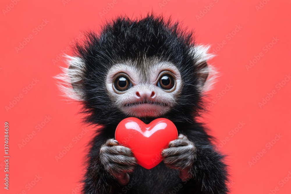 Digital ads conceptual art. Cute tamarin baby with critter toy red heart - emblem of love, funny greeting card. Promotion concept art. Tamarin - my desired animal. February animal romance. Digital ads conceptual art. Cute tamarin baby with critter toy red heart - emblem of love, funny greeting card. Promotion concept art. Tamarin - my desired animal. February animal romance.