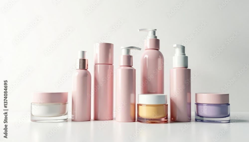 Various cosmetic containers on pure white backdrop, soft, elegant Various cosmetic containers on pure white backdrop, soft, elegant