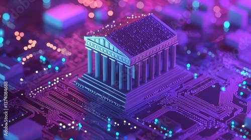 A futuristic financial beacon is formed by a neon bank building that shines with a digital network