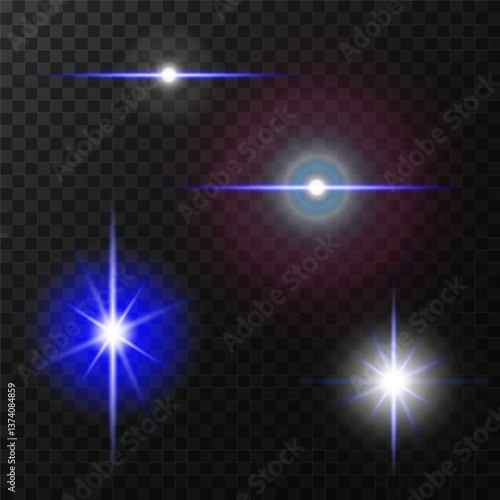 Set of four glowing elements with blue and white light on transparent background. Each element has a unique shape and effect from thin lines to bright starbursts. EPS10 vector illustration.