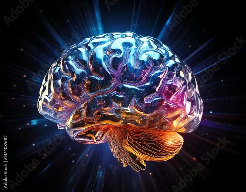 The clear brain is like a crystal floating in the air, refracting light into colorful prism reflections