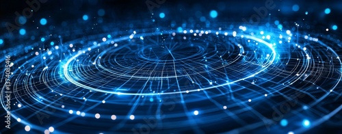 A dynamic, abstract design weaves together particles and light to create a captivating visual representation of futuristic technology, data flow, and boundless energy