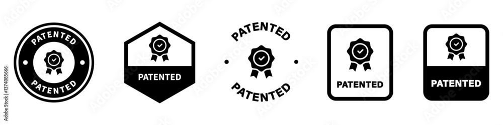 Patented - vector labels with check mark. Stamps for product packaging isolated on white. Patented - vector labels with check mark. Stamps for product packaging isolated on white.