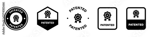 Patented - vector labels with check mark. Stamps for product packaging isolated on white.