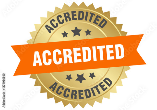 accredited. accredited round orange and gold label isolated on transparent background