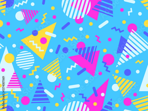 Geometric seamless pattern with memphis elements in 80s style. Colorful geometric pattern. Design of promotional products, wrapping paper and printing. Vector illustration