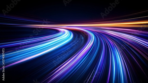 Glowing trails of blue and purple neon  with a slick and curved shape  are set against a dark background to create a dynamic and futuristic visual aesthetic