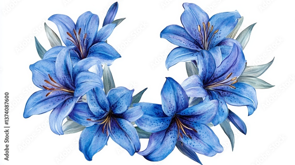 Fototapeta premium Round floral frame with hand-drawn blue ink lilies. Designed for birthday or wedding invitation cards. Vector illustration.