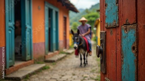 Wallpaper Mural Escena rural colombiana con campesino montado a burro y puerta tradicional de colores vivos Torontodigital.ca