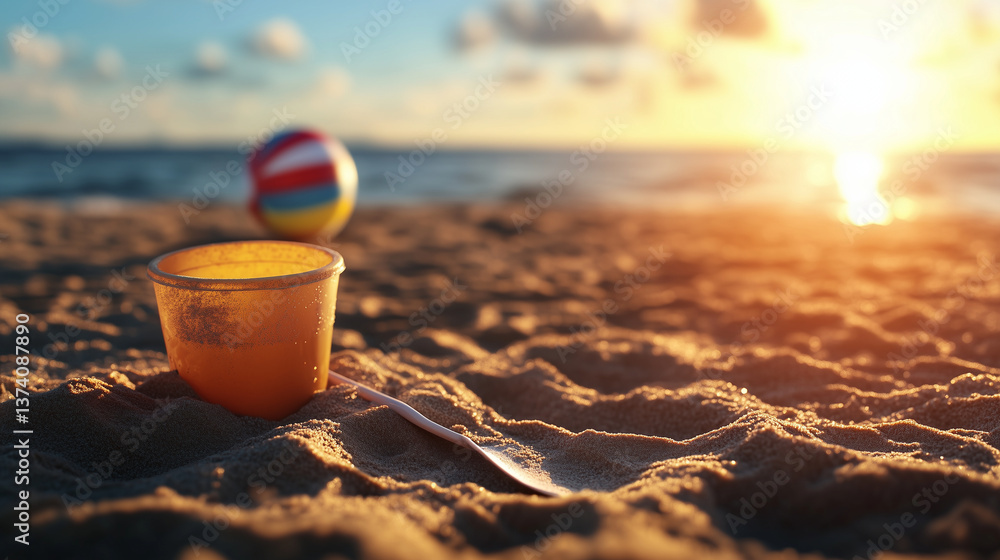 Childhood summer memory scene with a sand-covered plastic bucket, shovel lying nearby, bright striped beach balls bouncing lightly in the sea breeze Childhood summer memory scene with a sand-covered plastic bucket, shovel lying nearby, bright striped beach balls bouncing lightly in the sea breeze