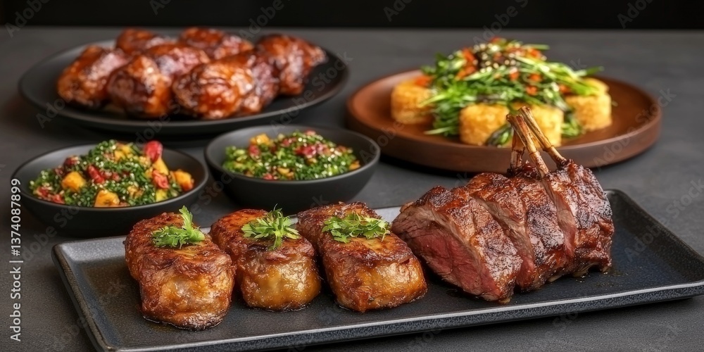 Plated meal of grilled steak with potatoes vegetables and sauce in styled gourmet food photography captured from top in high resolution macro texture tone format Plated meal of grilled steak with potatoes vegetables and sauce in styled gourmet food photography captured from top in high resolution macro texture tone format