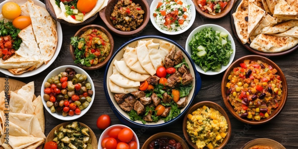 Overhead shot of traditional middle eastern mezze spread with dips vegetables grilled meat and sauces arranged in circular composition captured in styled gourmet food macro image Overhead shot of traditional middle eastern mezze spread with dips vegetables grilled meat and sauces arranged in circular composition captured in styled gourmet food macro image