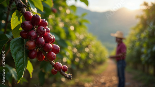 Cultivo de café en Colombia con enfoque en cerezas maduras y campesino de fondo