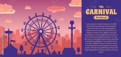 Carnival funfair with fireworks rays. Amusement park carousels