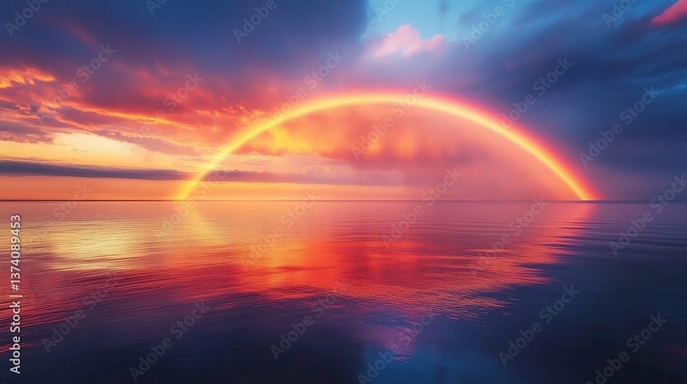 Calm waters shimmer under golden light, while a rainbow adds magic to the early morning scene.
Calm waters shimmer under golden light, while a rainbow adds magic to the early morning scene.