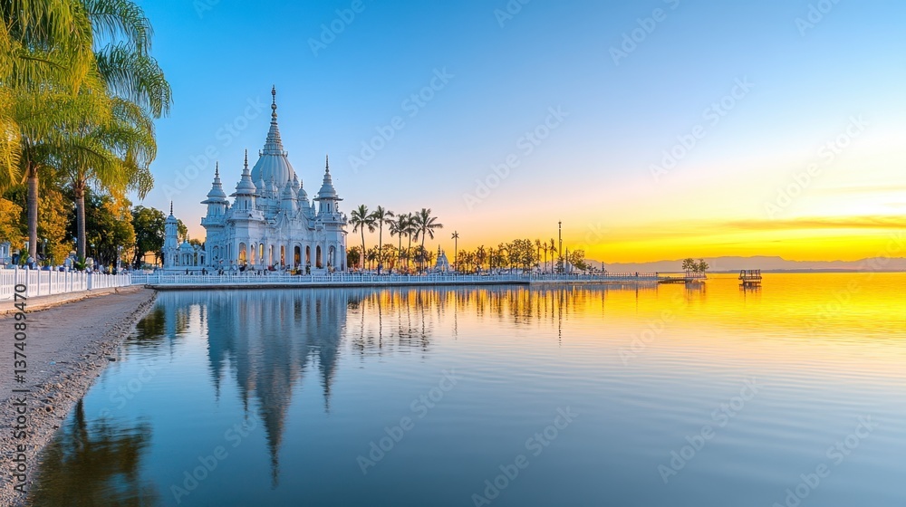 Fototapeta premium Sunrise over a tranquil lake, reflecting a pristine white temple. Palm trees and calm water create a serene atmosphere.
