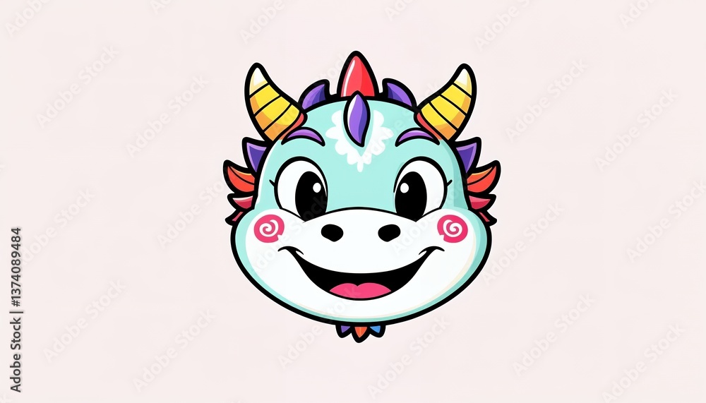 Fototapeta premium Cartoon Dragon Head Smiling with Horns and Cheerful Expression