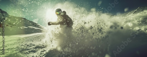 Obraz na płótnie Riding down the ski slope and carving snow snowboarding snowboarder. w salonie
