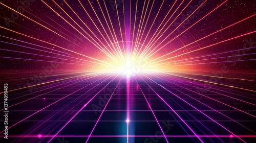 A futuristic and elegant scene featuring light and reflection set against a backdrop of grid lines