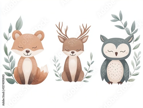 A charming illustration featuring a fox, deer, and owl, surrounded by leaves, evoking a sense of nature and tranquility.
