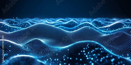 An abstract blue background provides the setting for abstract waves from particles and lines of blue futuristic beautiful flying glowing magical energy with a blur effect