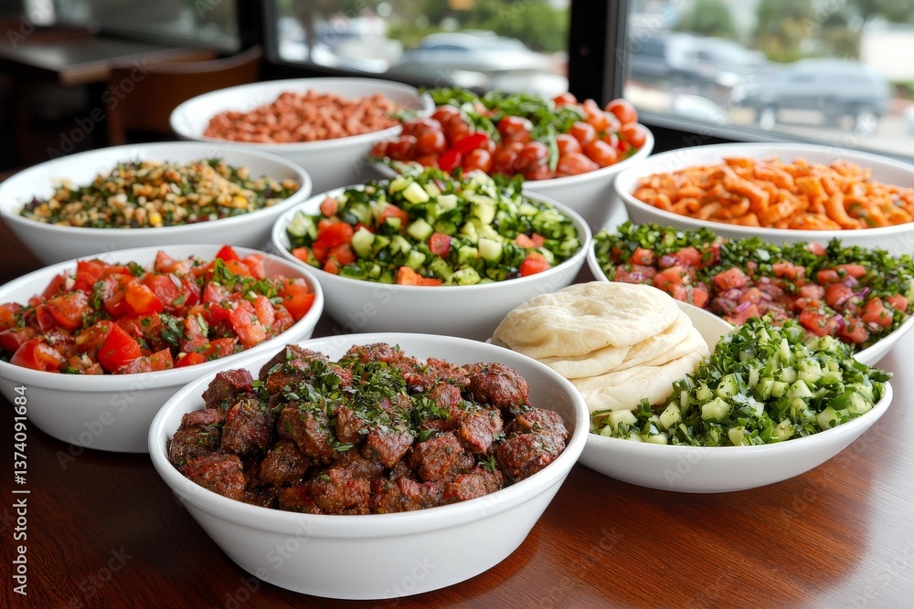 Mixed vegetable stews in multiple ceramic bowls arranged on rustic wooden table with herbs spices and grains for nutritious cuisine theme stock photo Mixed vegetable stews in multiple ceramic bowls arranged on rustic wooden table with herbs spices and grains for nutritious cuisine theme stock photo