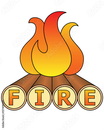 Financial independence retire early symbol - vector full color picture with fire and FIRE abbreviation on firewood cuts in the form of coins. Metaphor, Financial independence retire early logo.	